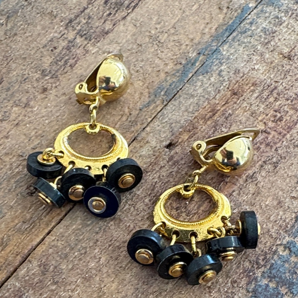 Elegant Gold tone and Black Dangle Earrings